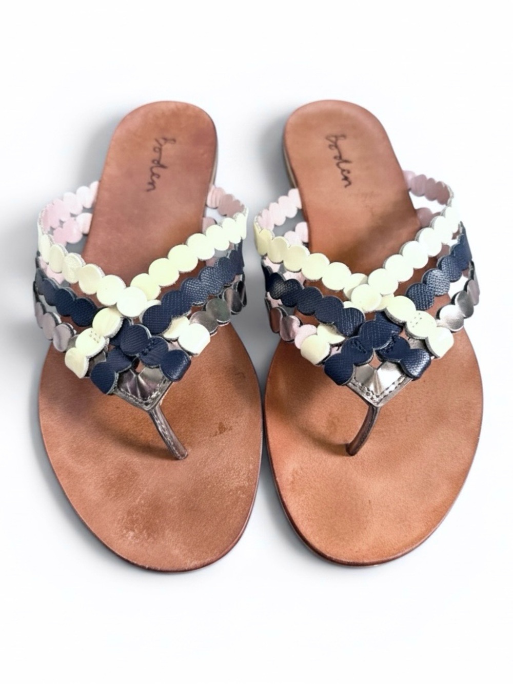 Boden Scallop Multi-Strip Slide Sandals in Navy, Silver & Cream - Picture 2 of 5